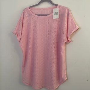 🌺4/$20 or 5/$25🌺Pink Eyelet Lace Blouse Womens 1X Flowy Short Sleeve Top NWT